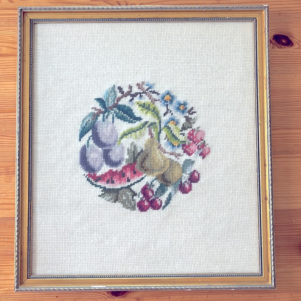 Large Framed Vintage Fruit Needlepoint Embroidery